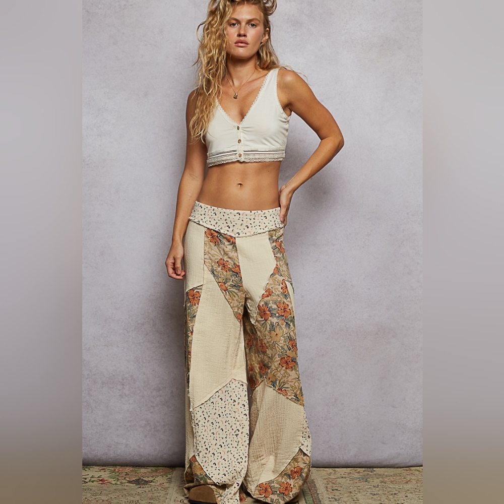 POL roomy fit bottom in double gauze with varied printed woven patchwork.